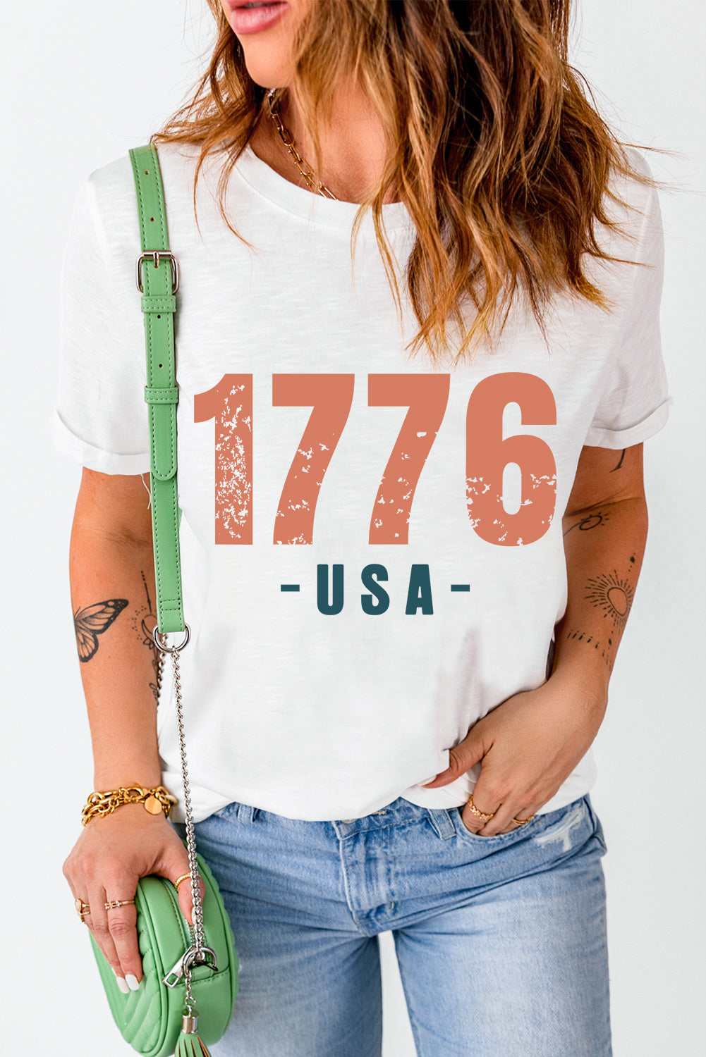T-shirt blanc vintage graphique 1776 USA