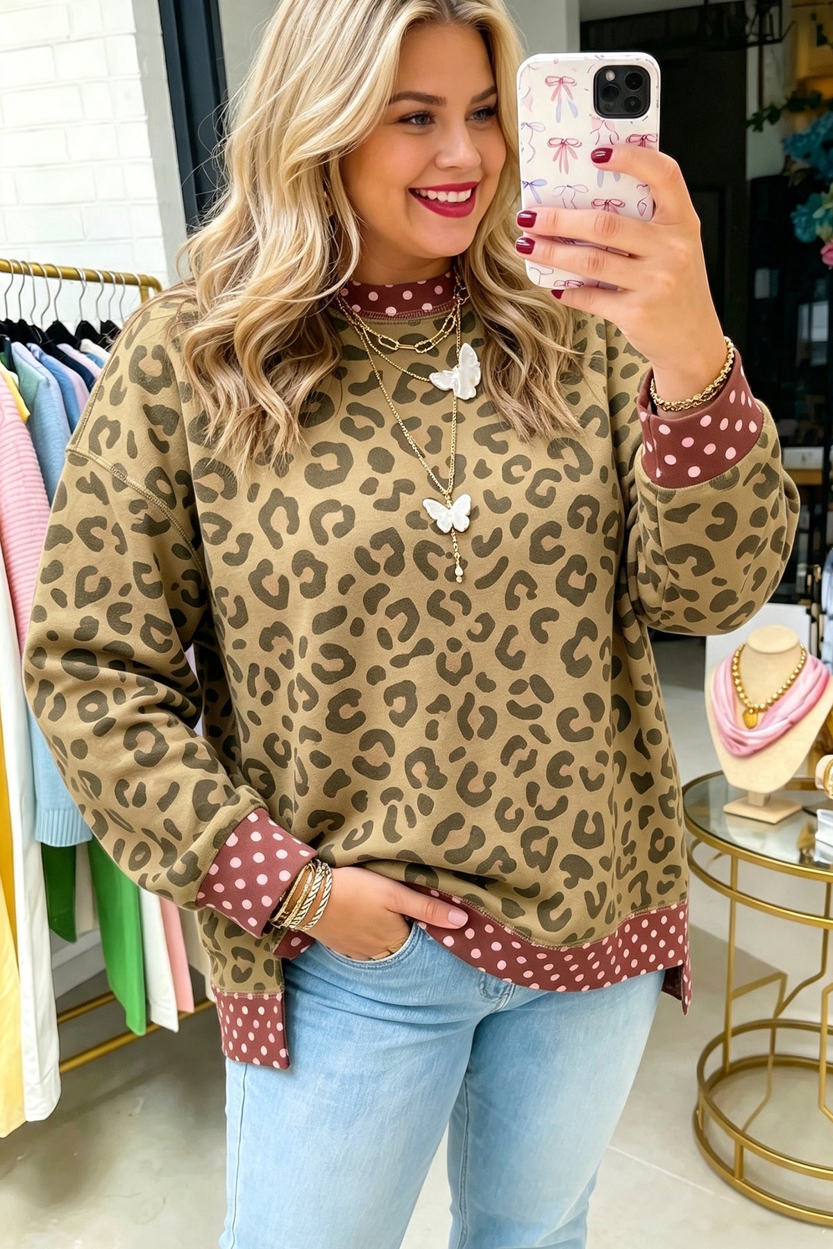 Brown Plus Size Leopard Print Contrast Polka Dot Trim Long Sleeve Top