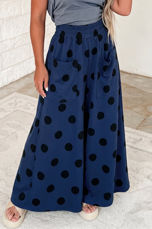 Sail Blue Polka Dot Wide Leg Elastic Waist Casual Pants