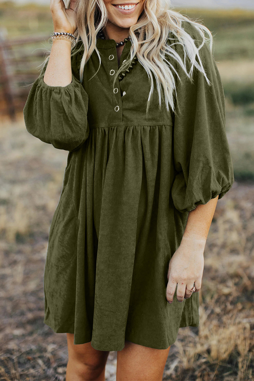 Vineyard Green Corduroy Snap Buttons Empire Waist Bracelet Sleeve Dres HannaBanna Clothing Vineyard Green Corduroy Snap Buttons Empire Waist Bracelet Sleeve Dres HannaBanna Clothing