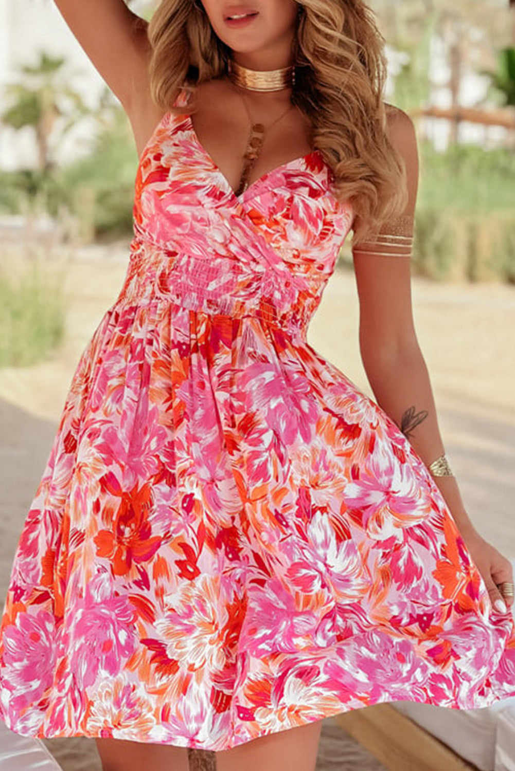 Red Floral Spaghetti Strap Surplice Neck Shirred Waist Mini Dress Red Floral Spaghetti Strap Surplice Neck Shirred Waist Mini Dress