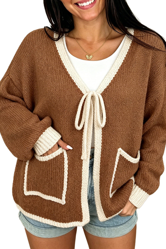 Chestnut Contrast Trim V-Neck Tie Front Loose Sweater Cardigan