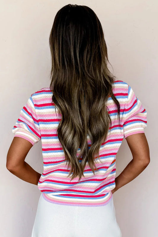 Multicolour Textured Stripes Knit Short Sleeve Sweater