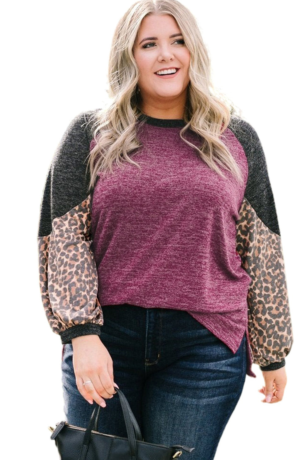 Multicolor Leopard Colorblock Long Sleeve Plus Size Top
