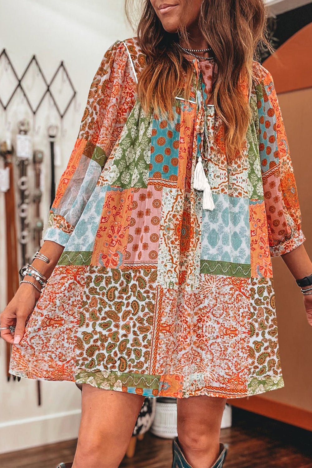 boho dress orange Paisley Mixed Print 3/4 Sleeve Chiffon Loose Orange / S / 100%Polyester Platinum making it a versatile SHONA JOY Asymmetric Gathered size:LARGE