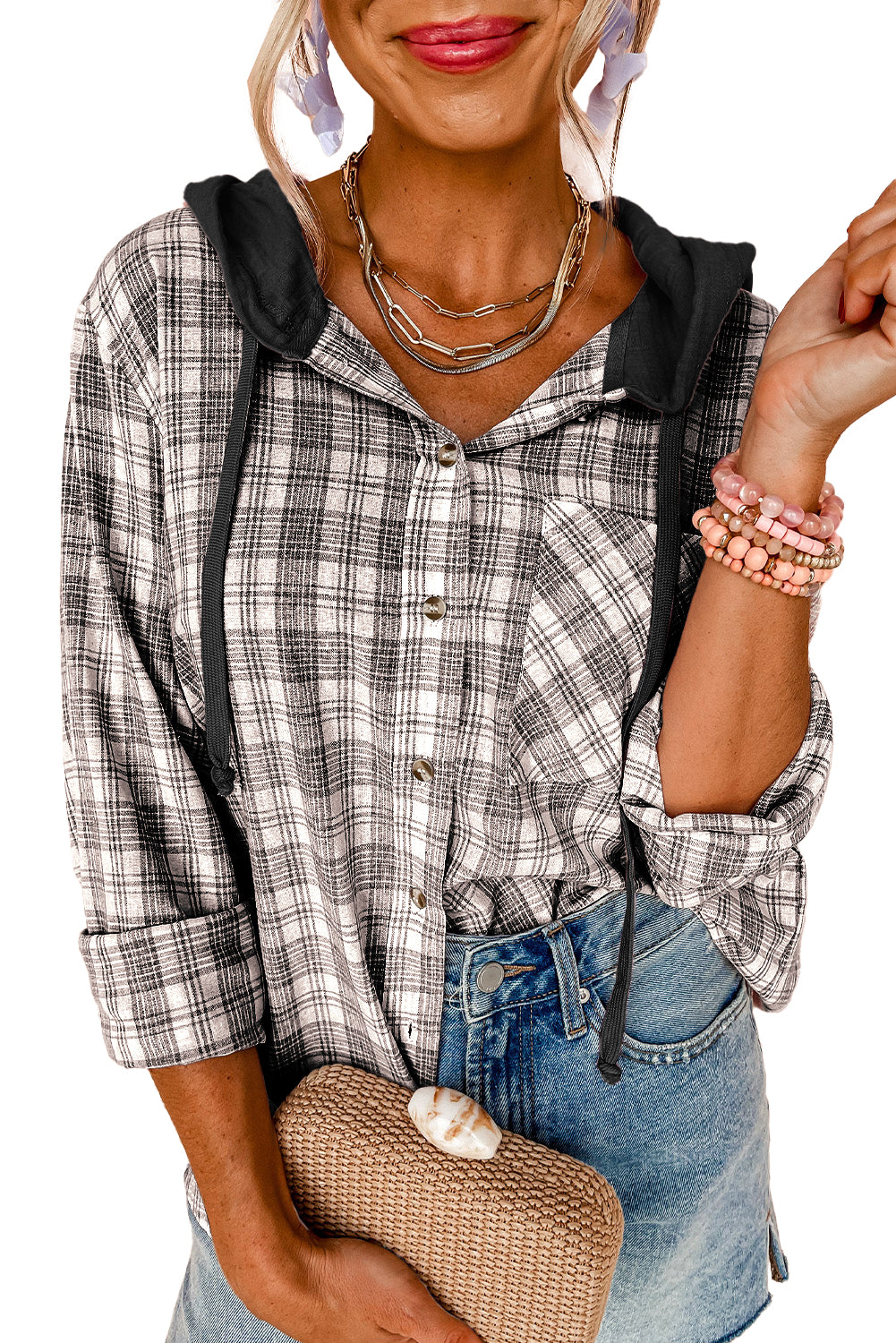 Veste à capuche boutonnée ample à imprimé à carreaux noirs