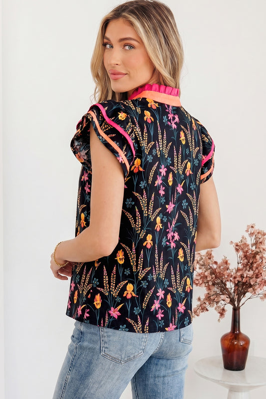 Black Floral Print Contrast Trim Tiered Ruffled Short Sleeve Blouse