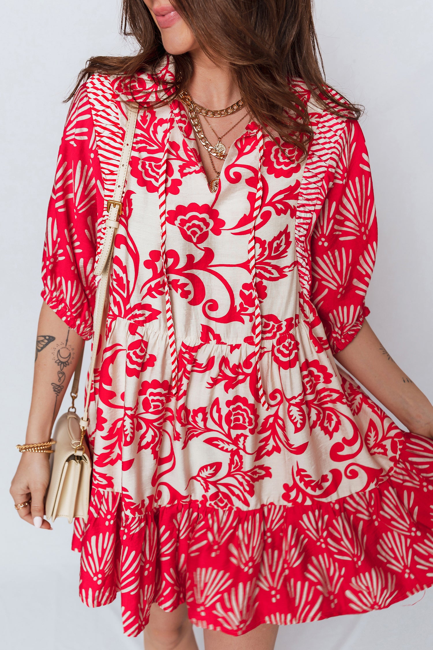Red Collared V Neck Half Sleeve Loose Flower Mini Dress – HannaBanna  Clothing