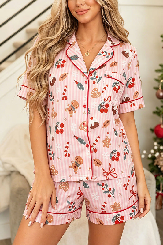 Pink Abstract Christmas Print Short Sleeve Two Piece Lounge Set