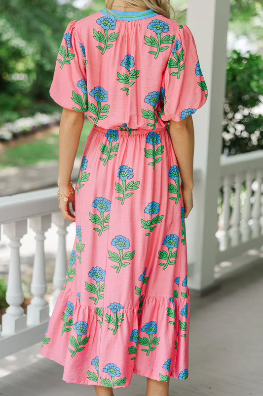 Pink Plus Size Striped V Neck Ruffled Floral Long Dress