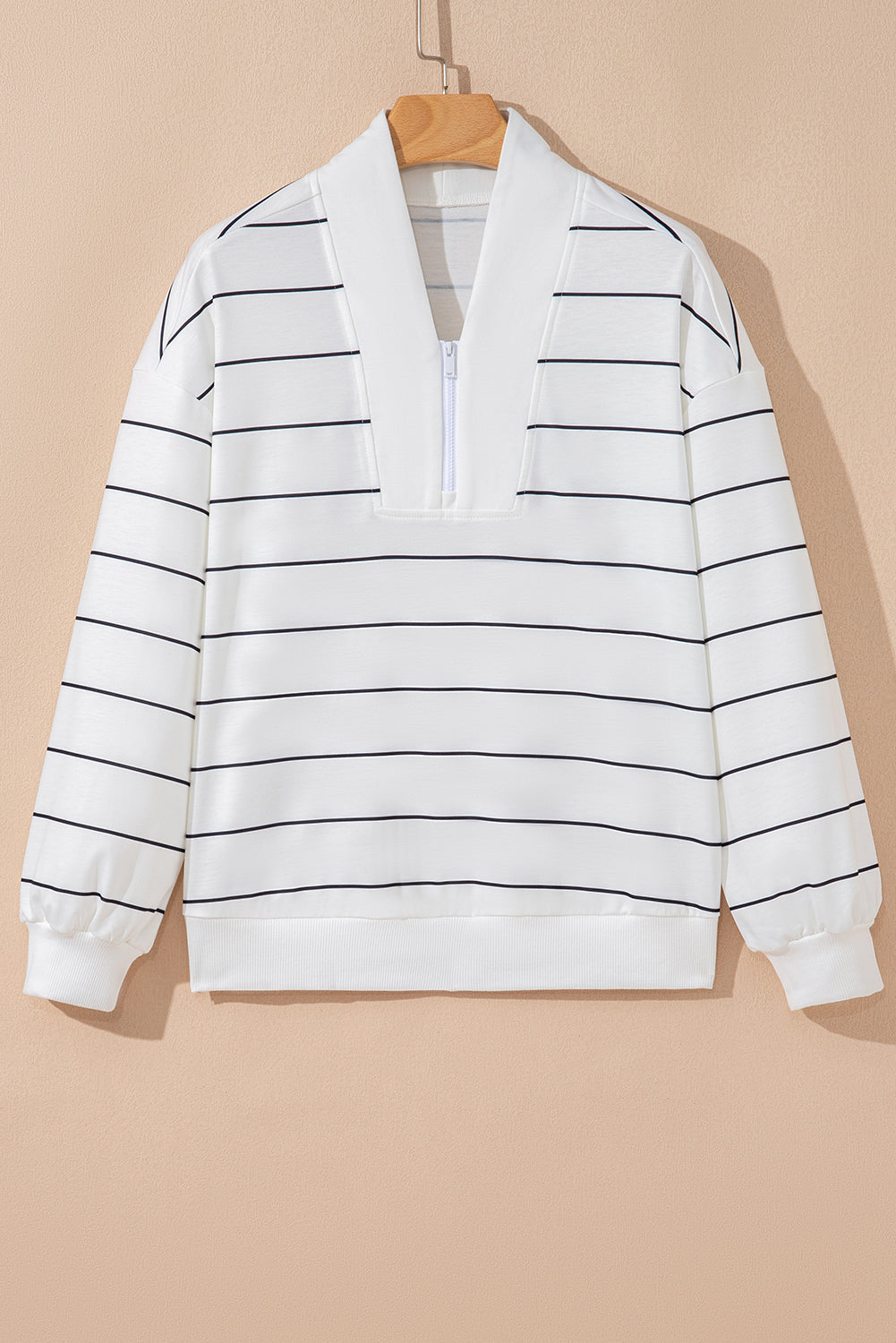 Fiery Red Zip V Neck Casual Stripe Print Drop Shoulder Long Sleeve Top