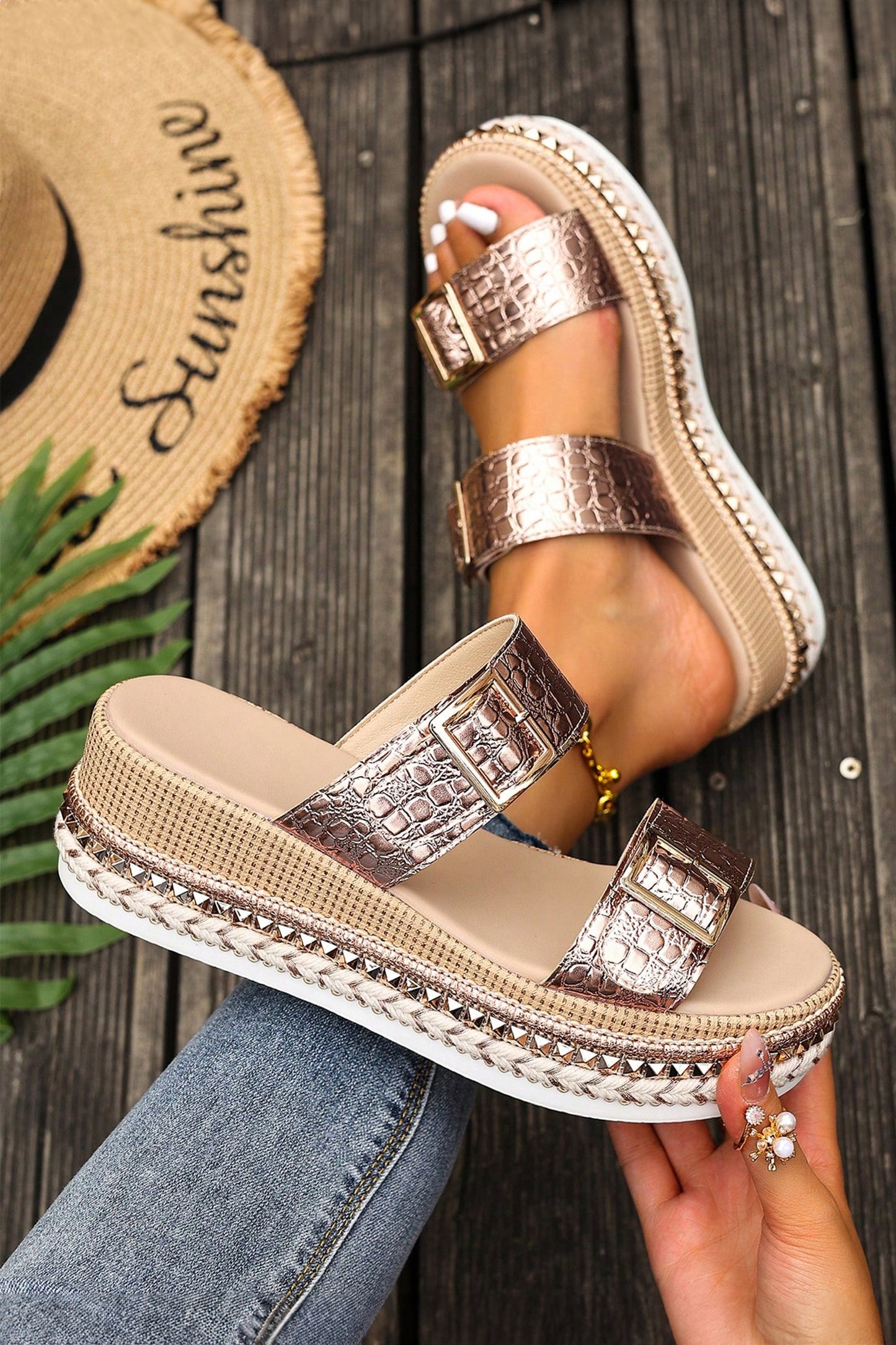 Gold Metallic Textured PU Leather Buckle Wedge Platform Slippers