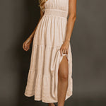 Apricot Shirred Pleated Square Neck Sleeveless Midi Dress