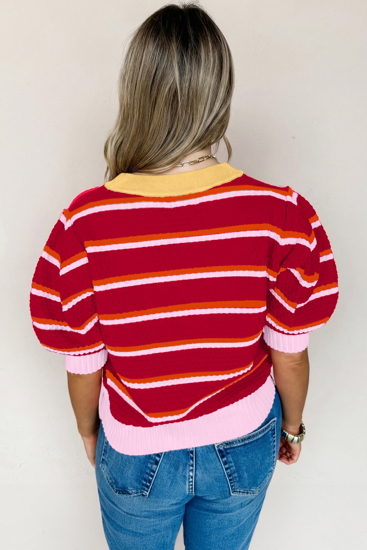 Red Stripe Colorblock Trim Half Sleeve Sweater Top