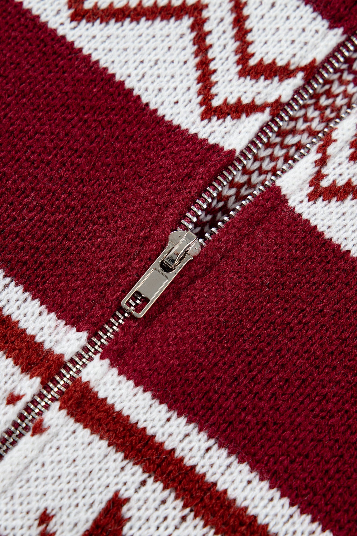 Red Geometric Pattern Zip-Up Knit Long Sleeve Regular Fit Cardigan