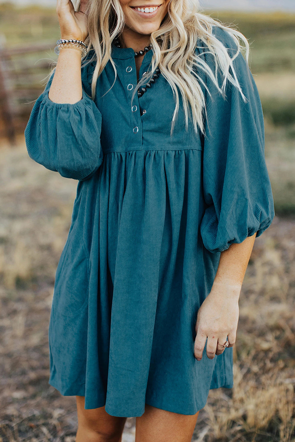 Blue Corduroy Snap Buttons Empire Waist Bracelet Sleeve Dress HannaBanna Clothing Blue Corduroy Snap Buttons Empire Waist Bracelet Sleeve Dress HannaBanna Clothing