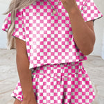 Pink Checkerboard T Shirt and High Waist Skorts 2 Piece Outfit