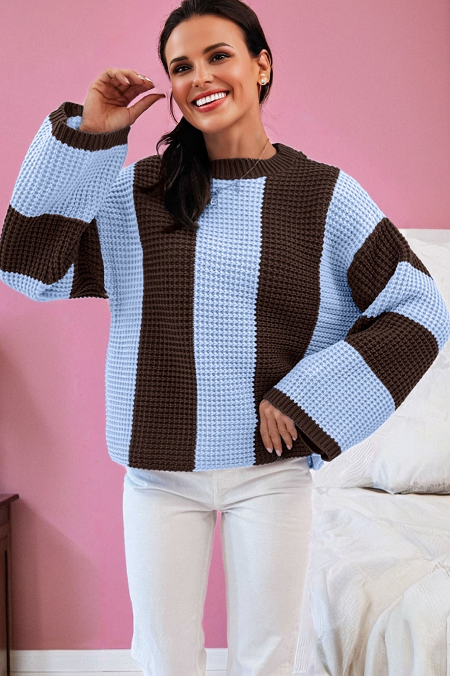 Fushia Striped Color Block Thermal Textured Knit Drop Shoulder Sweater