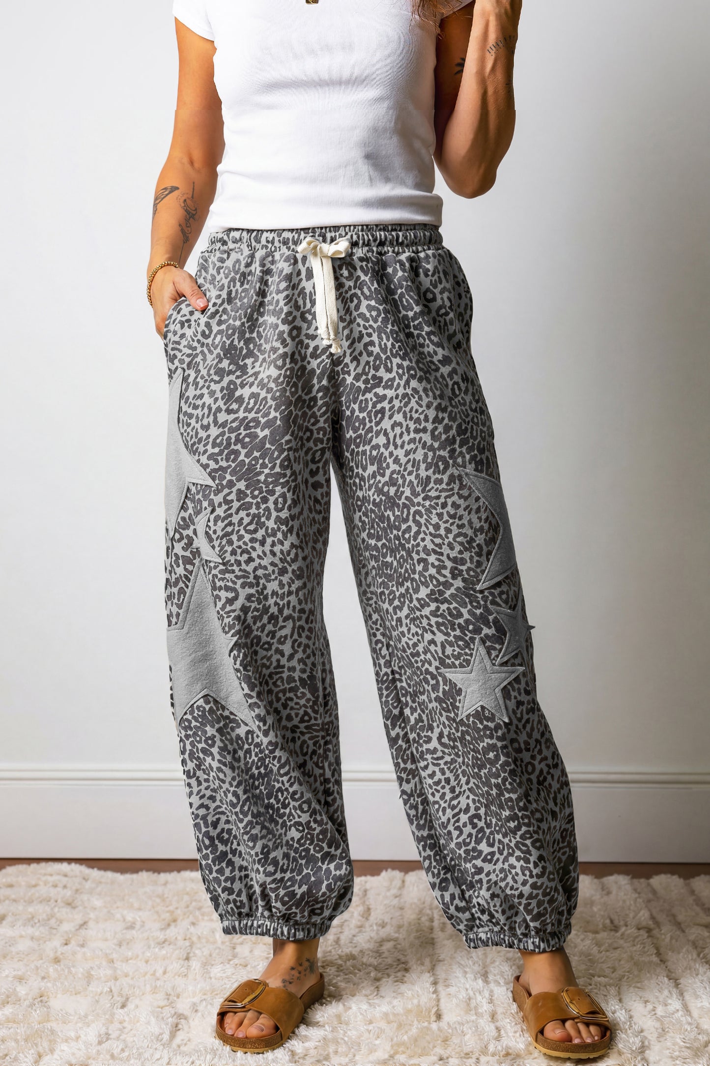 Khaki Leopard Print Star Patched Drawstring Elastic Waist Jogger Pants