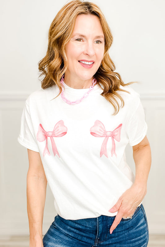 T-shirt décontracté à col rond et imprimé nœud papillon blanc