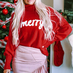 Fiery Red Merry Letter Embroidered High Neck Sweater