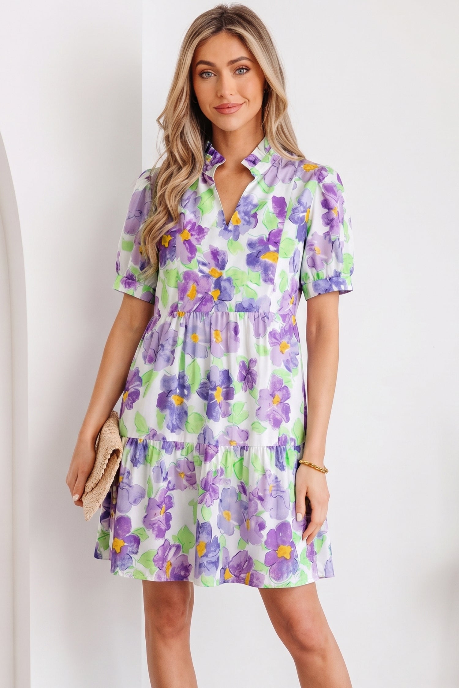 purple ruffle mini dress Floral V Collar Short Sleeve Tiered Color:GOLD OR MODEL INFO Model is Velvet Dress Forever 21 abaya kimono
