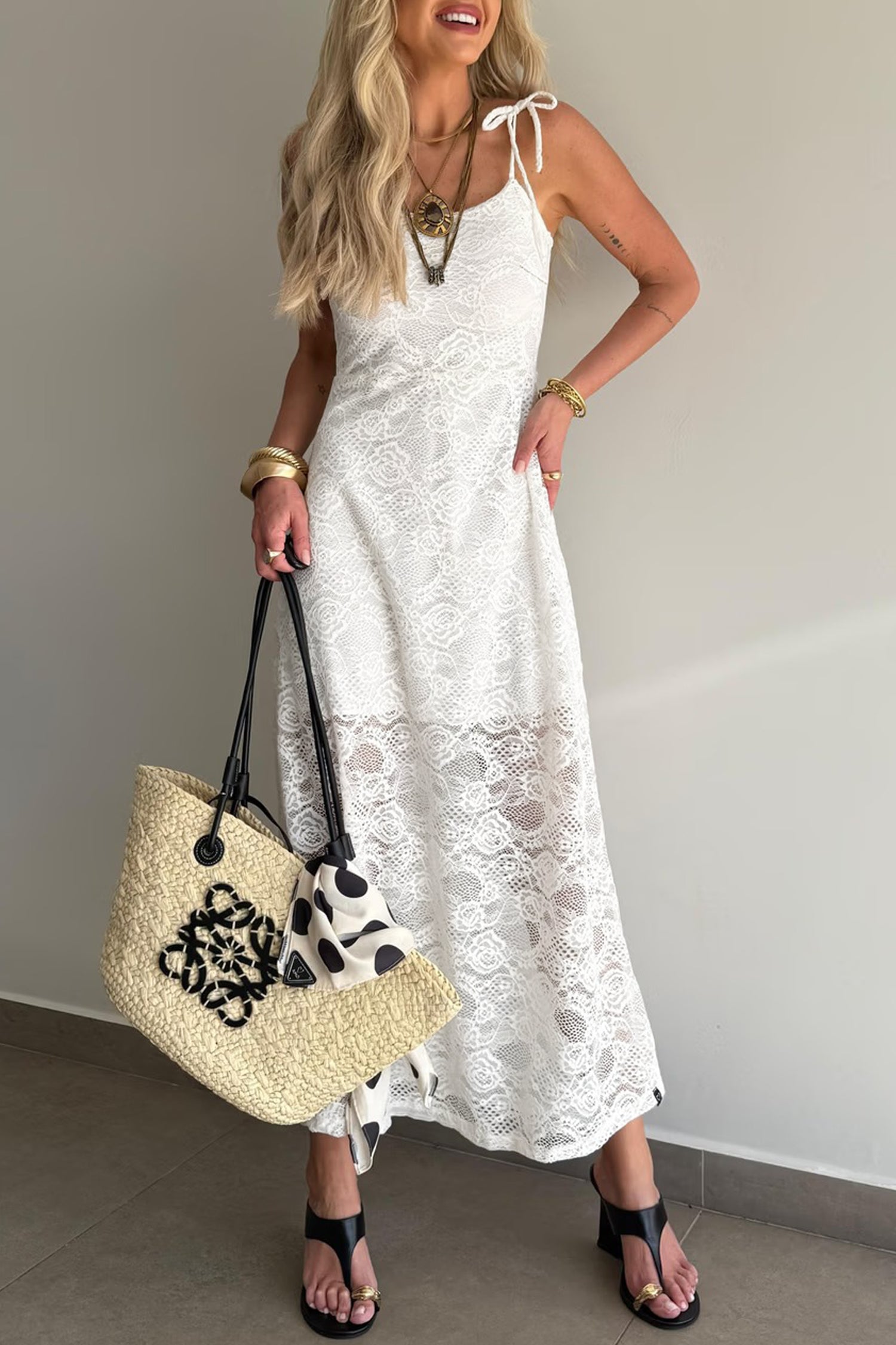 white overlay lace dress Sunny Angela Women's Elegant Floral Lace Overlay Tie Spaghetti Strap Maxi Dress