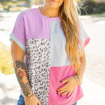 Rose Red Leopard Colorblock Patchwork Corded Knit Plus Size T Shirt
