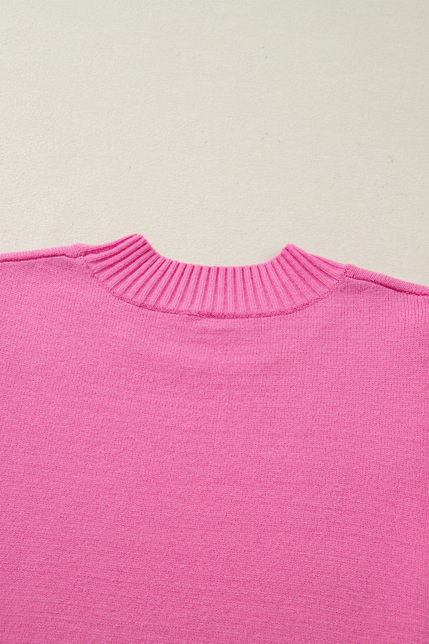 Sachet Pink Solid Color Ribbed Trim Round Neck Ruffle Short Sleeve Sweater