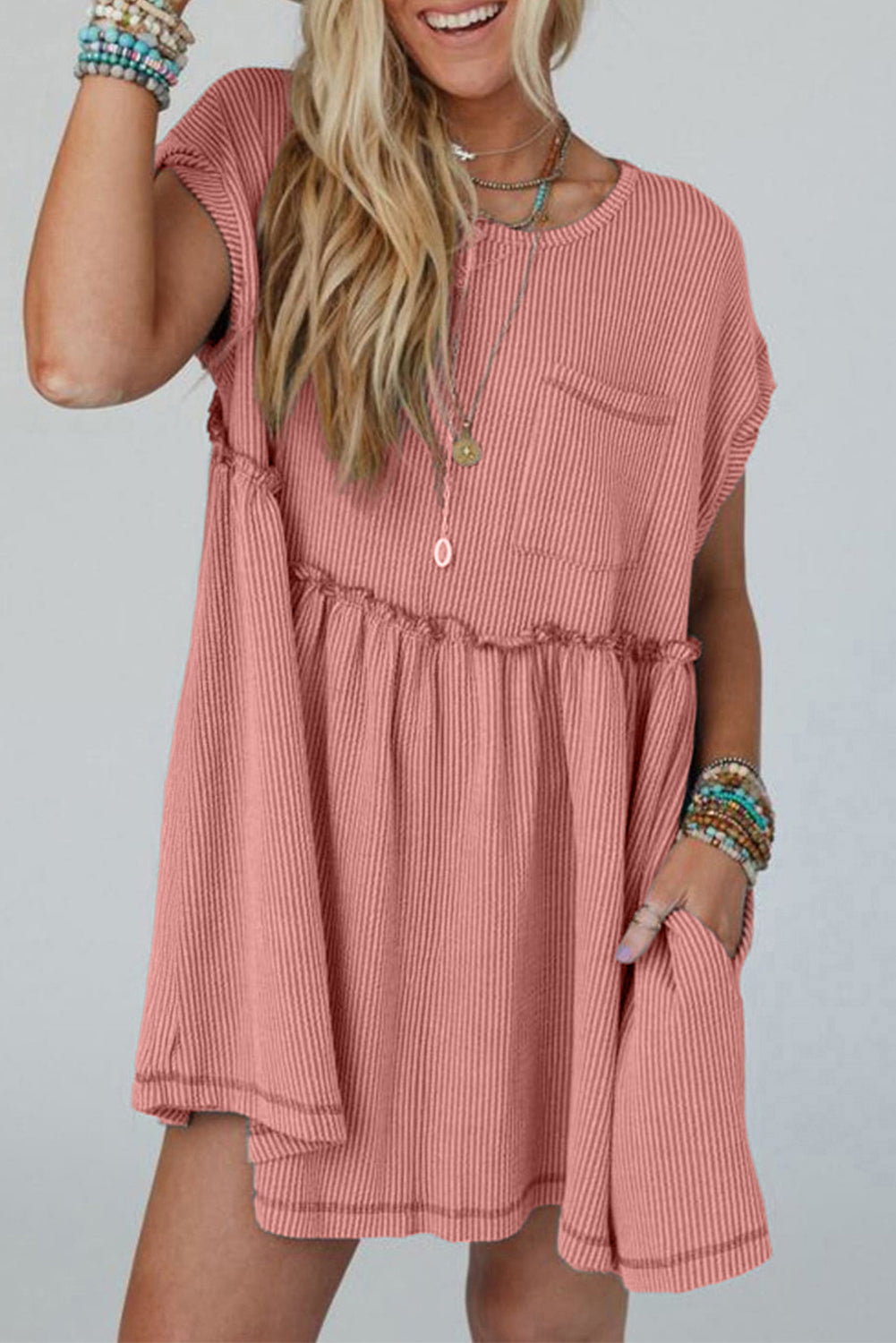 knit swing dress with pockets Dusty Pink Corded Knit Textured Patched Pocket Frilled Swing Mini Dress with Pockets Dusty Pink / XL / 75%Polyester+20%Viscose+5%Elastane