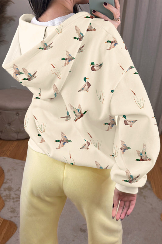 Beige Cozy Duck Print Zip-Up Hoodie