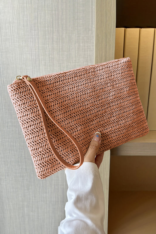 Chestnut Straw Woven Wrist Strap Zipper Large Wallet
