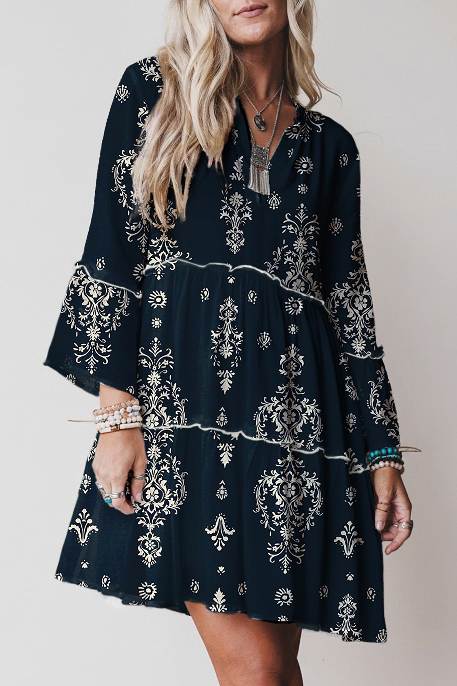 Blue Boho Floral Print Lettuce Trim 3/4 Sleeve Mini Dress Blue / L / 100%Viscose