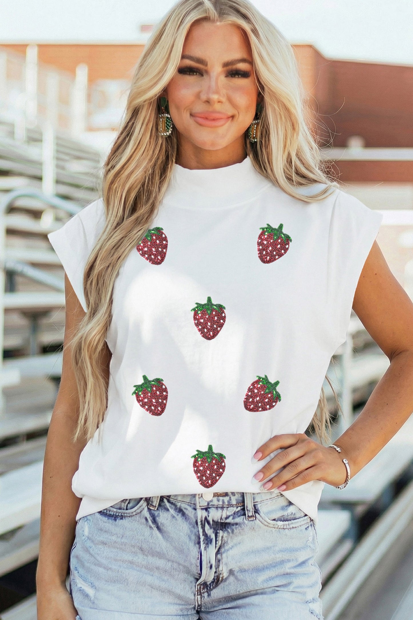 White Sequin Strawberry Graphic Mock Neck Short Sleeve Top