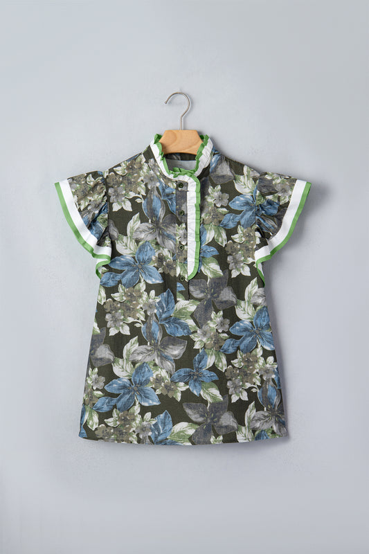 Green Ruffled Short Sleeve Floral Summer Blouse