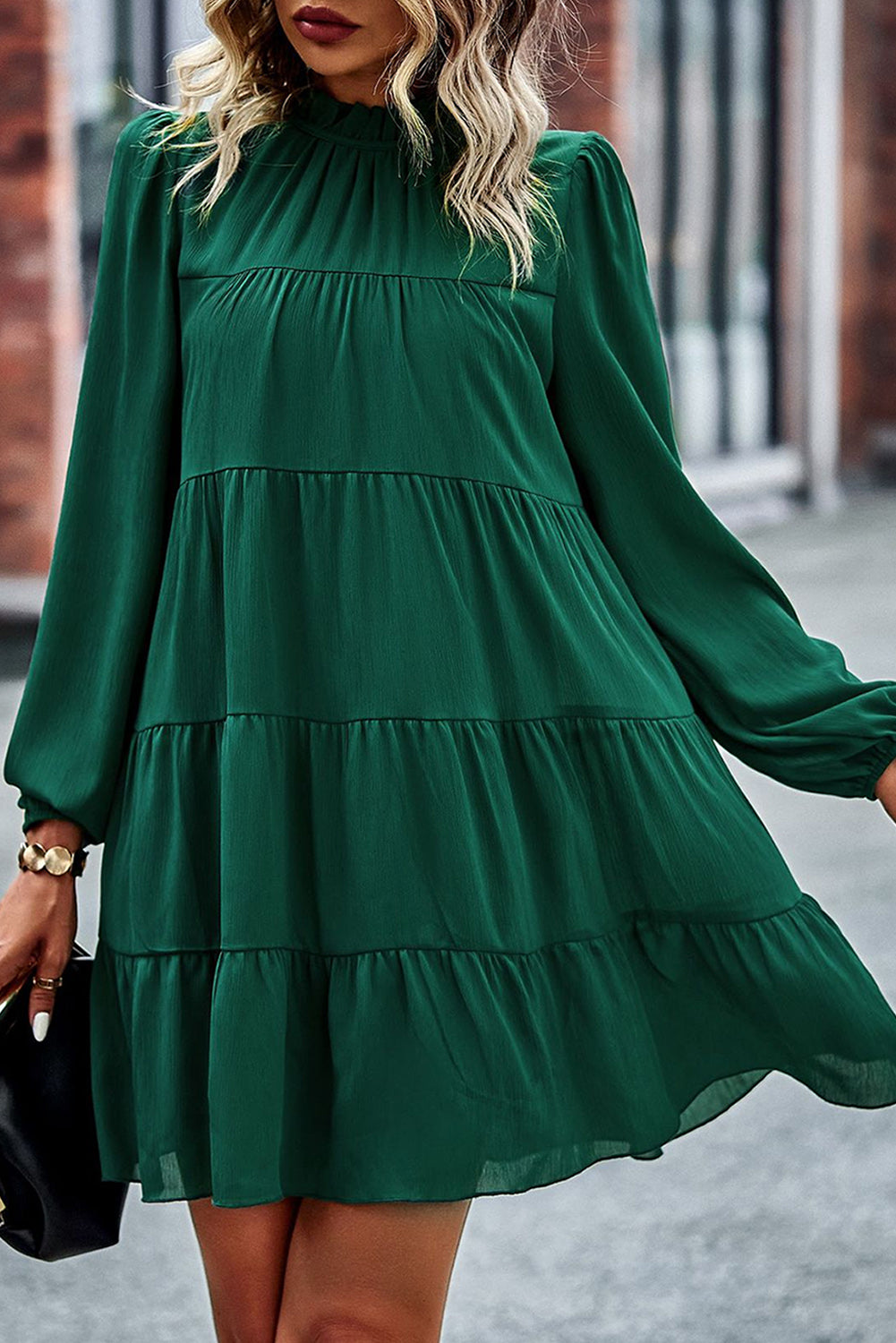 Green Puff Sleeve Mock Neck Back Knot Tiered Dress Green / M / 100%Polyester