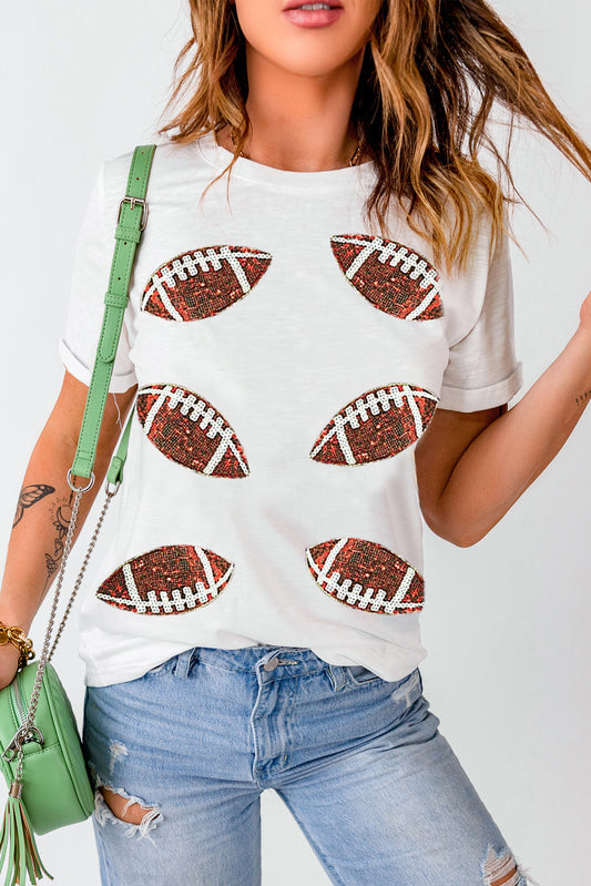 T-shirt blanc en coton à paillettes et motif rugby