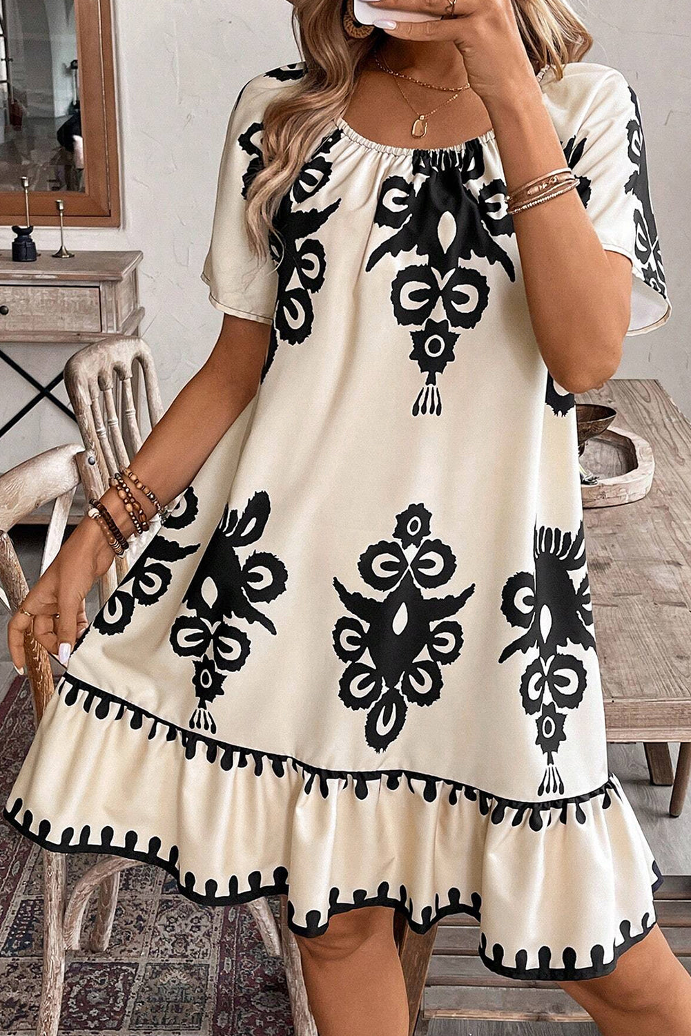 knee length dresses for ladies Apricot Western Print Ruffled Short Sleeve Loose Dress Apricot / XL / 100%Polyester