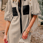 Black Stripe Color Block Patchwork Shirt Collar Button Down Puff Sleeve Mini Dress