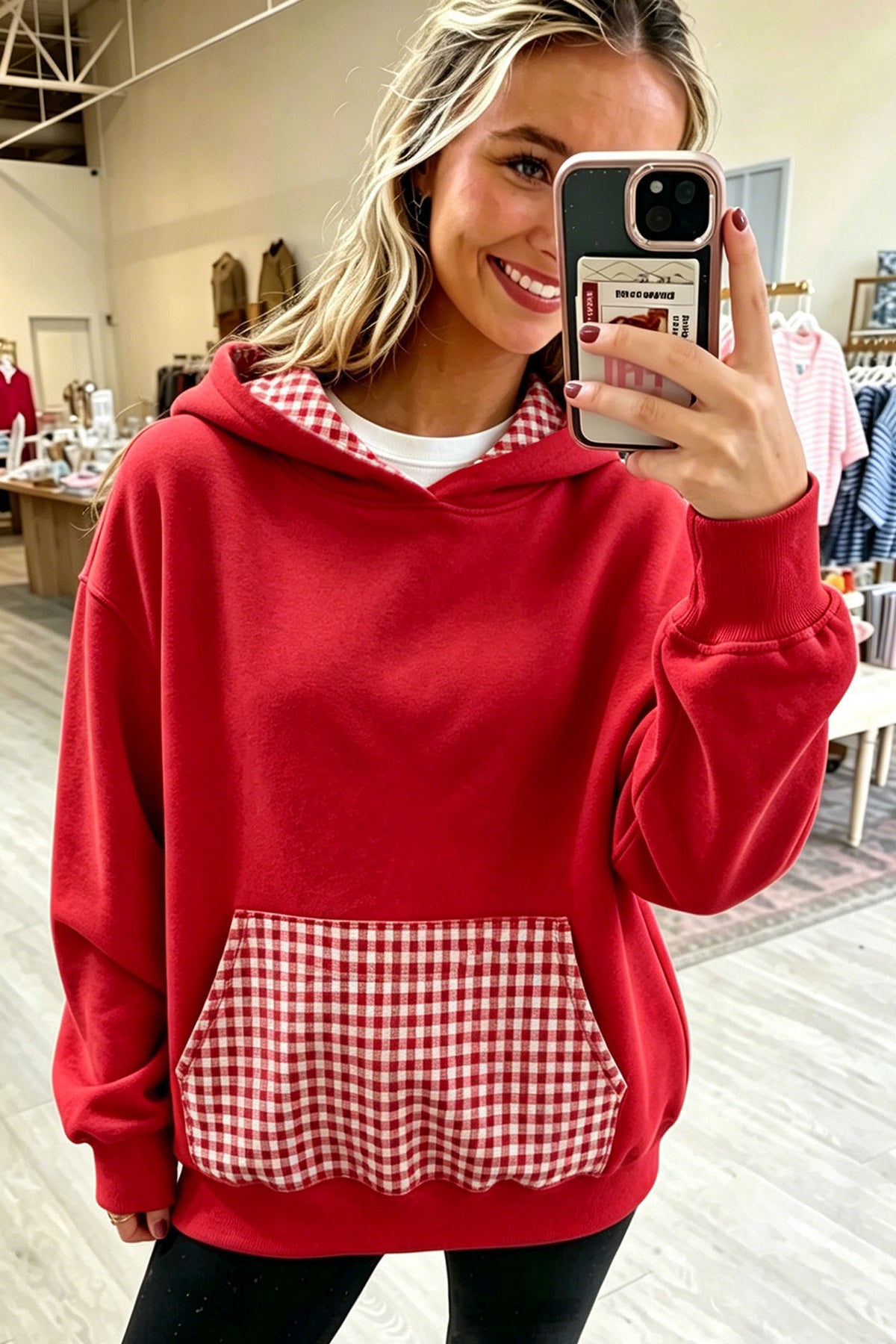 Racing Red Polka Dot/ Plaid Patchwork Front Pocket Casual Hoodie