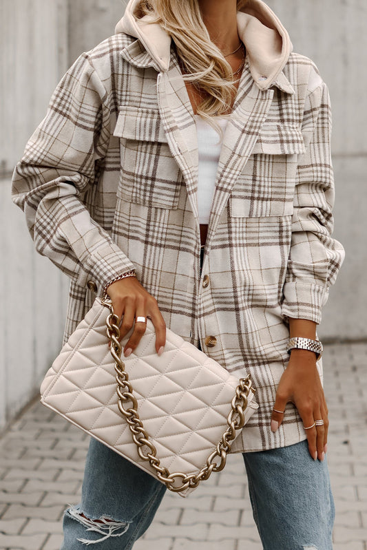 Chaqueta con botones y capucha extraíble a cuadros caqui