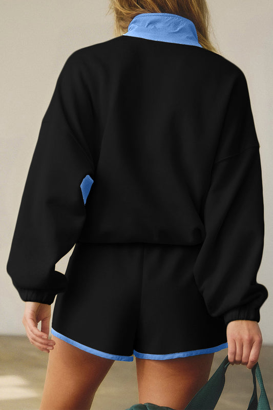 Black Color Block Patchwork Half Button Pullover and Shorts 2pcs Outfit