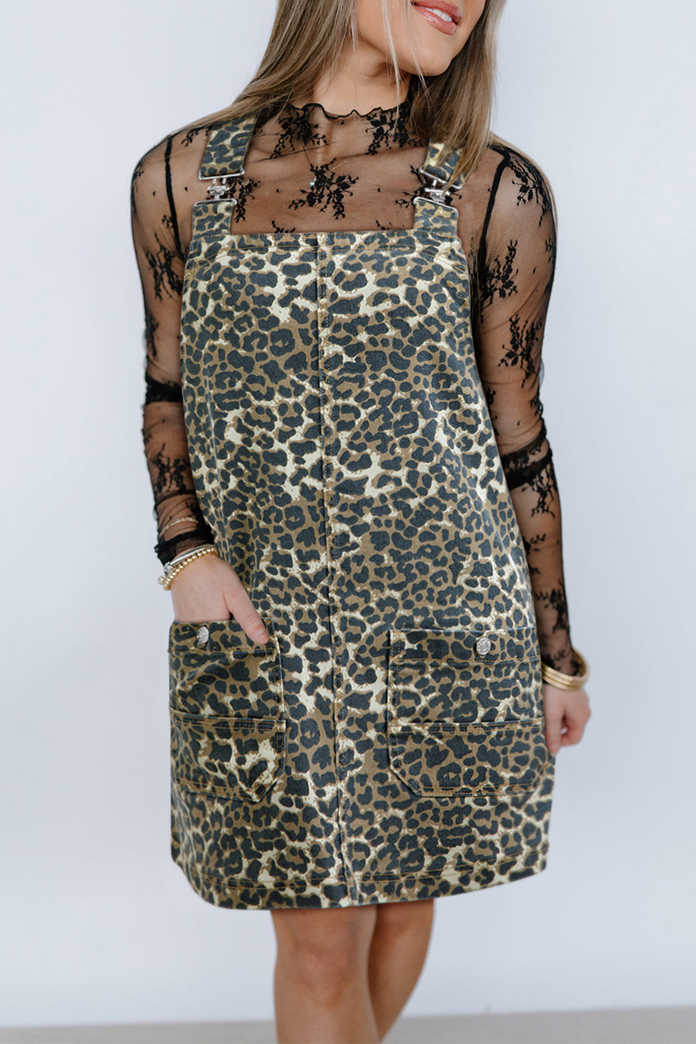 Leopard Print Adjustable Buckle Strap Bib Overall Pocketed Denim Mini Dress