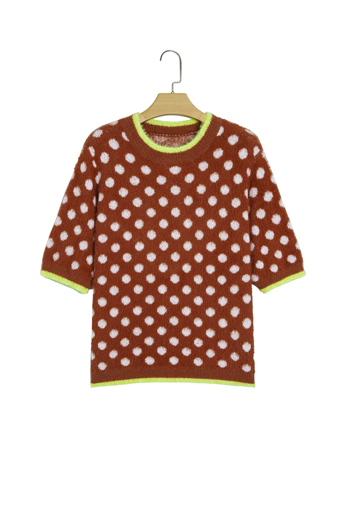 Coffee Polka Dot Contrast Trim Round Neck Half Sleeve Sweater