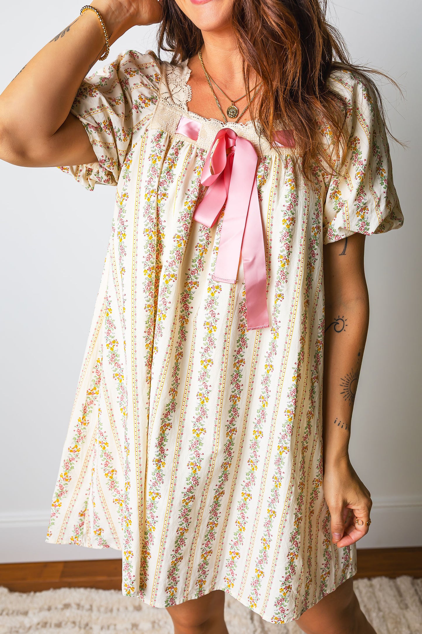 Multicolour Floral Print Contrast Ribbon Bow Lace Trim Square Neck Mini Dress
