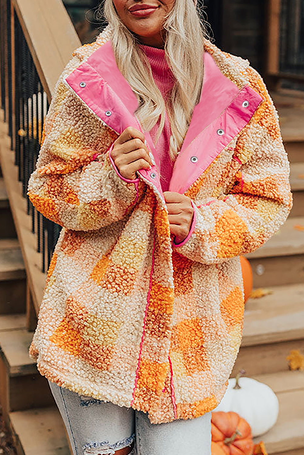 Orange Checkered Sherpa Hooded Jacket – HannaBanna Clothing