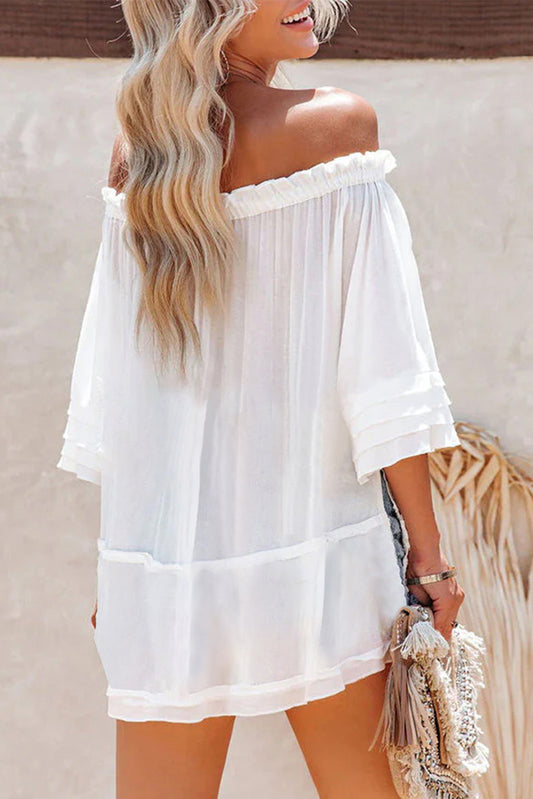Off The Shoulder Flare Sleeve Crochet Tunic