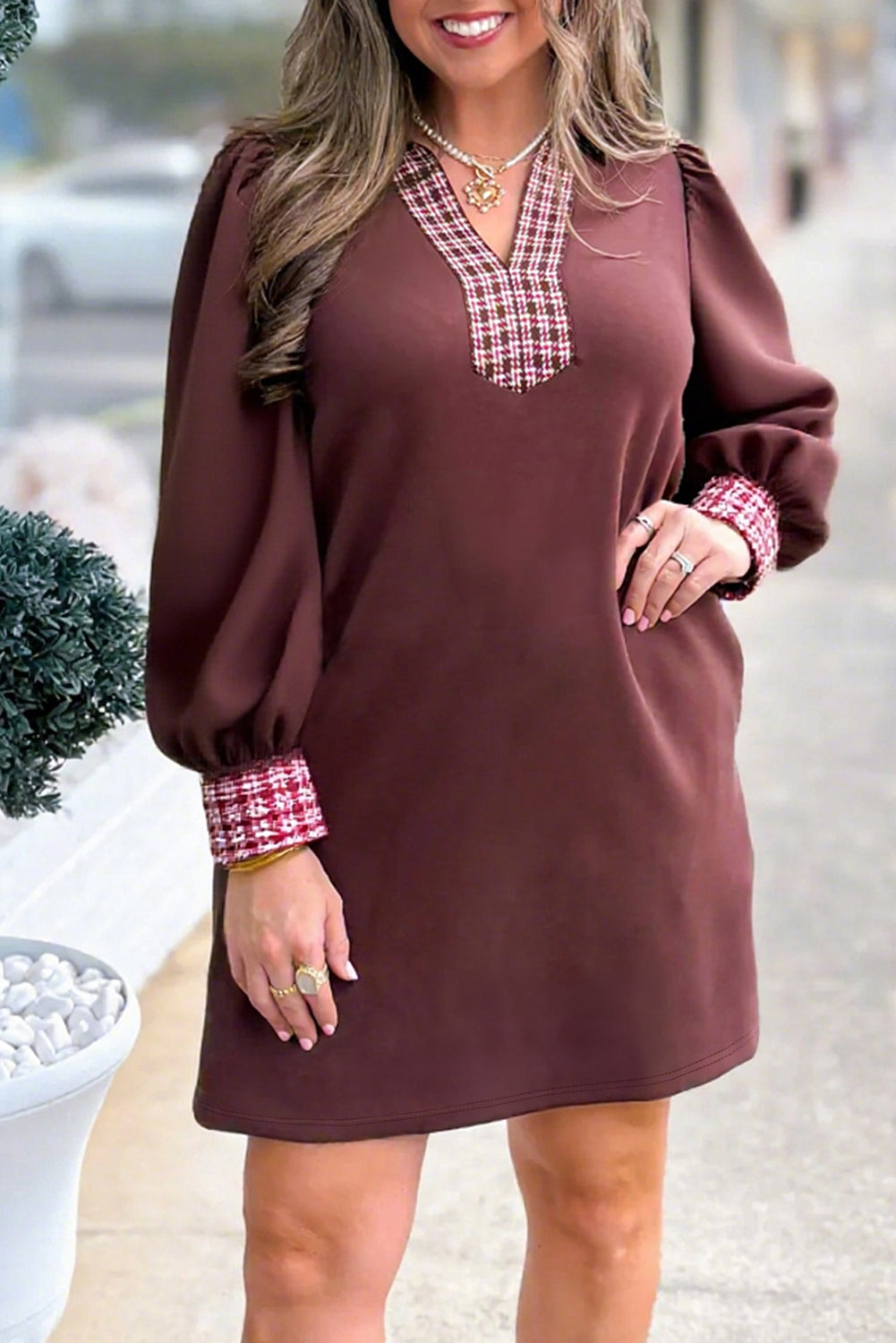 Coffee Contrast Plaid Trim Patchwork Collared Plus Size Shift Mini Dress - Coffee / 1x / 50%Polyester+45%Viscose+5%Elastane