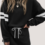 Black Varsity Stripe Detail Drop Shoulder Pullover Mini Skirt Set