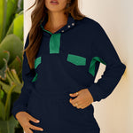 Navy Blue Color Block Patchwork Half Button Pullover and Shorts 2pcs Outfit